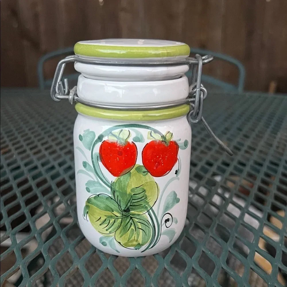 Vintage Italian Red and Green Strawberry Hinged Ceramic Jar Canister with Lid